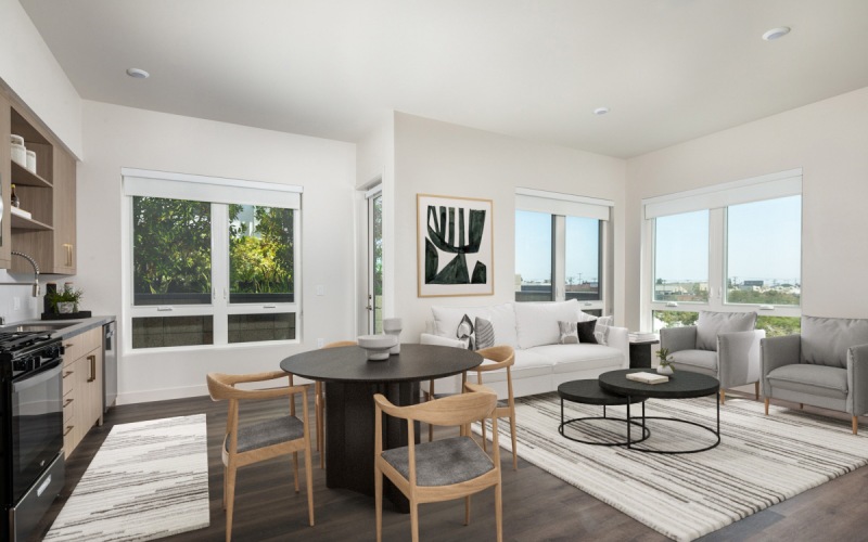 Kitchen and dining area at the Eden apartments in Los Angeles